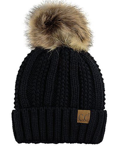 Thick Cable Knit Faux Fuzzy Fur Pom Fleece Lined Beanie