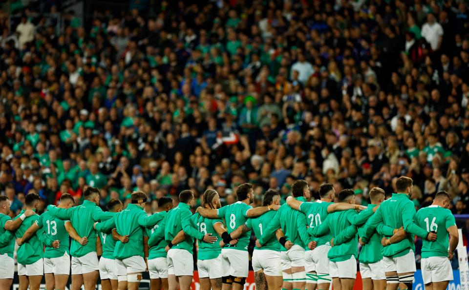 Ireland’s players line up for the anthems (Reuters)