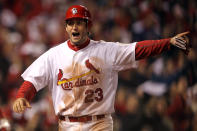 ST LOUIS, MO - OCTOBER 20: David Freese #23 of the St. Louis Cardinals celebrates after scoring on an RBI single by Allen Craig #21 in the seventh inning during Game Two of the MLB World Series against the Texas Rangers at Busch Stadium on October 20, 2011 in St Louis, Missouri. (Photo by Ezra Shaw/Getty Images)