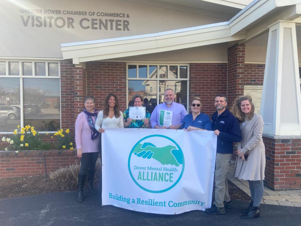 Ambassadors of the Dover Chamber of Commerce become designated as mental health friendly individuals. From left to right are Margaret Joyce, Melissa Lesniak, Ann Vennard, Ian Oneail, Stephanie and Scott Loignon, Suzanne Weete.
