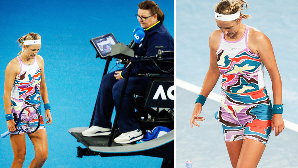 Victoria Azarenka, pictured here alongside chair umpire Alison Hughes at the Australian Open.