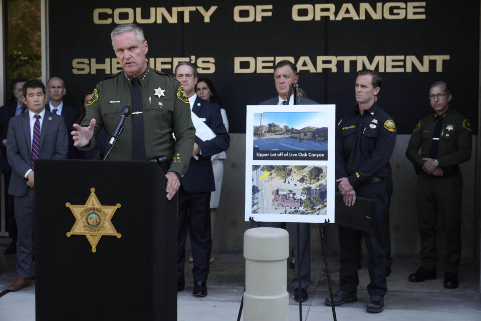 Orange County Sheriff-Coroner Don Barnes comments on the shooting at Cook's Corner, a biker bar in rural Trabuco Canyon, Calif., in Orange County, during a news conference in Santa Ana, Calif., Thursday, Aug. 24, 2023. (AP Photo/Damian Dovarganes)