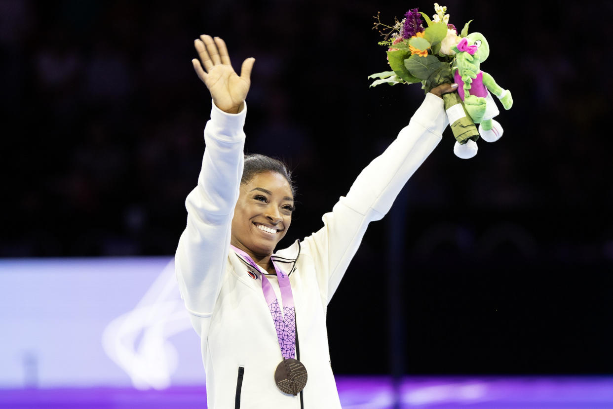 ANTWERP, BELGIUM - October 08:   Simone Biles of the United States on the podium with her gold medal after her victory in the Women's Balance Beam Final at the Artistic Gymnastics World Championships-Antwerp 2023 at the Antwerp Sportpaleis on October 8th, 2023 in Antwerp, Belgium. (Photo by Tim Clayton/Corbis via Getty Images)