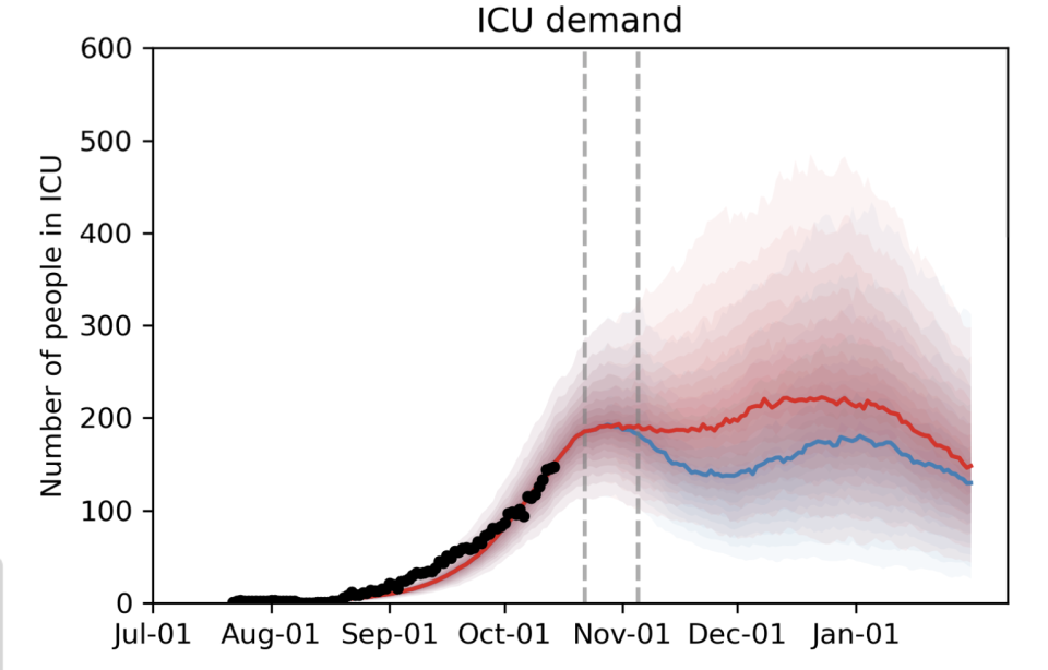 ICU demand is expected to stay at around 200 people for the remainder of the year the modelling shows. Source: Burnet Institute