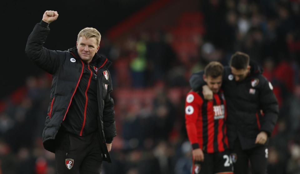 Britain Football Soccer - AFC Bournemouth v Liverpool - Premier League - Vitality Stadium - 4/12/16 Bournemouth manager Eddie Howe celebrates after the game Action Images via Reuters / Paul Childs Livepic EDITORIAL USE ONLY. No use with unauthorized audio, video, data, fixture lists, club/league logos or "live" services. Online in-match use limited to 45 images, no video emulation. No use in betting, games or single club/league/player publications. Please contact your account representative for further details.