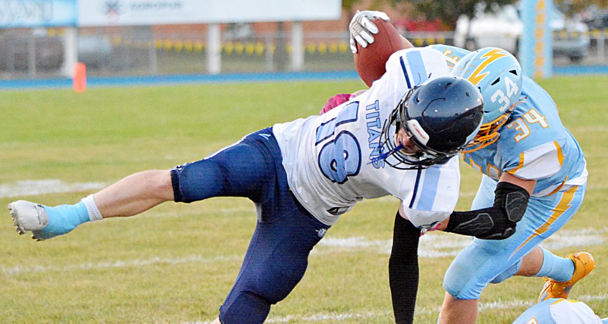 Leola-Frederick Area's Jericho King is brought down by Hamlin's Dawson Noem during their high school football game Friday night in Hayti. Hamlin won 48-6.