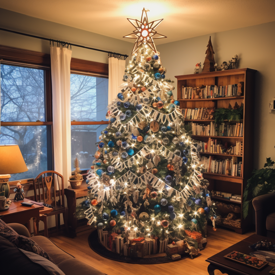 A symmetrical and bright Christmas tree in the corner of a room that's covered in warm lights, small bulb ornaments, and a unique garland that has a large star on top