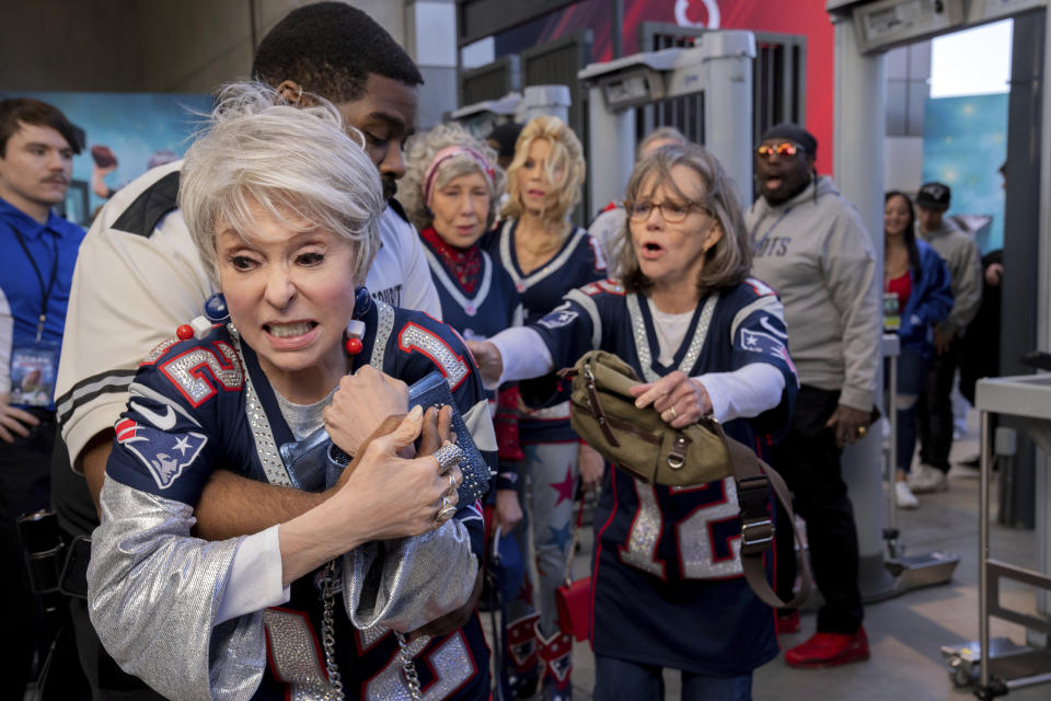 This image released by Paramount shows Rita Moreno, left, and Sally Field, foreground right, in a scene from "80 for Brady." (Scott Garfield/Paramount Pictures via AP)