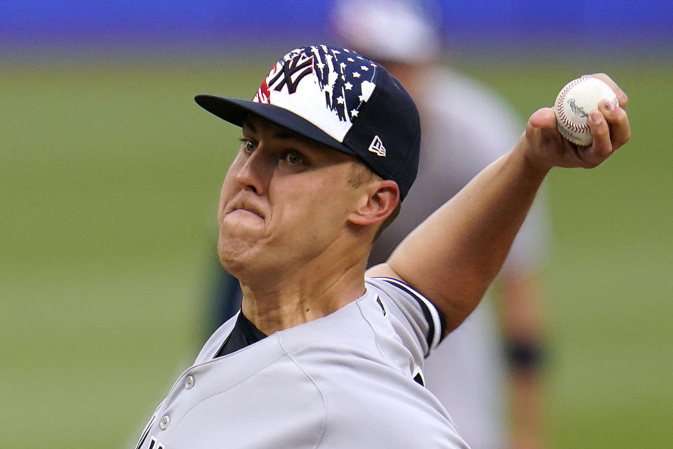 New York Yankees starting pitcher Jameson Taillon delivers during the first inning of the team's baseball game against the Pittsburgh Pirates in Pittsburgh, Tuesday, July 5, 2022. (AP Photo/Gene J. Puskar)