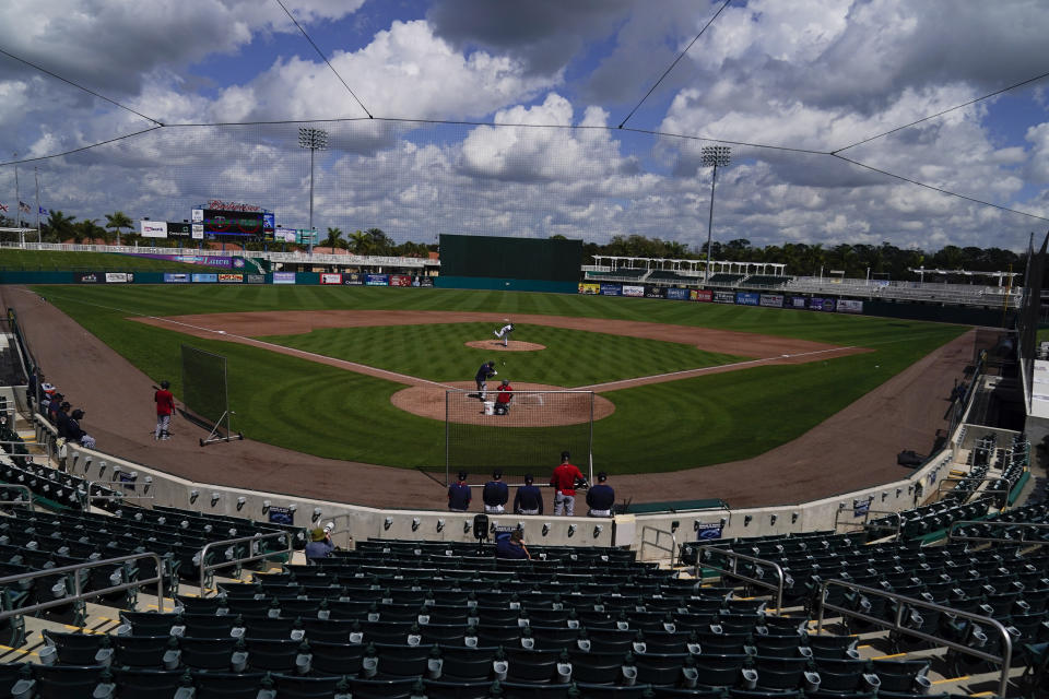 Minnesota Twins' Alex Colome,throws a ball during spring training baseball practice on Wednesday, Feb. 24, 2021, in Fort Myers, Fla. The Twins signed Colome away from their chief divisional competition, the Chicago White Sox. (AP Photo/Brynn Anderson)