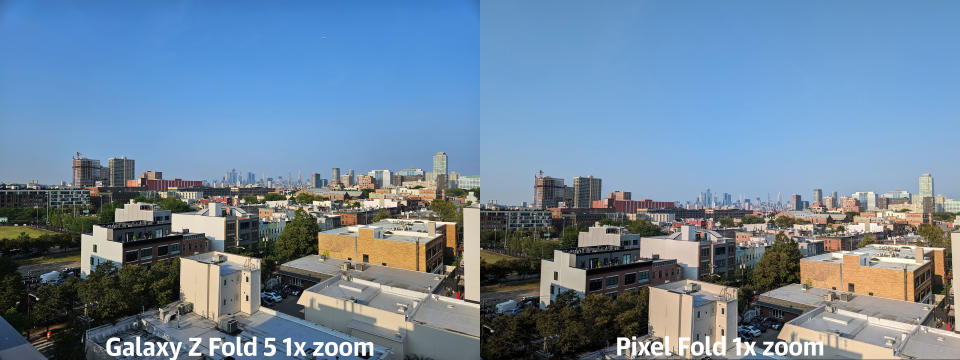 <p>A photo comparison between the Samsung Galaxy Z Fold 5 and the Google Pixel Fold.</p>
