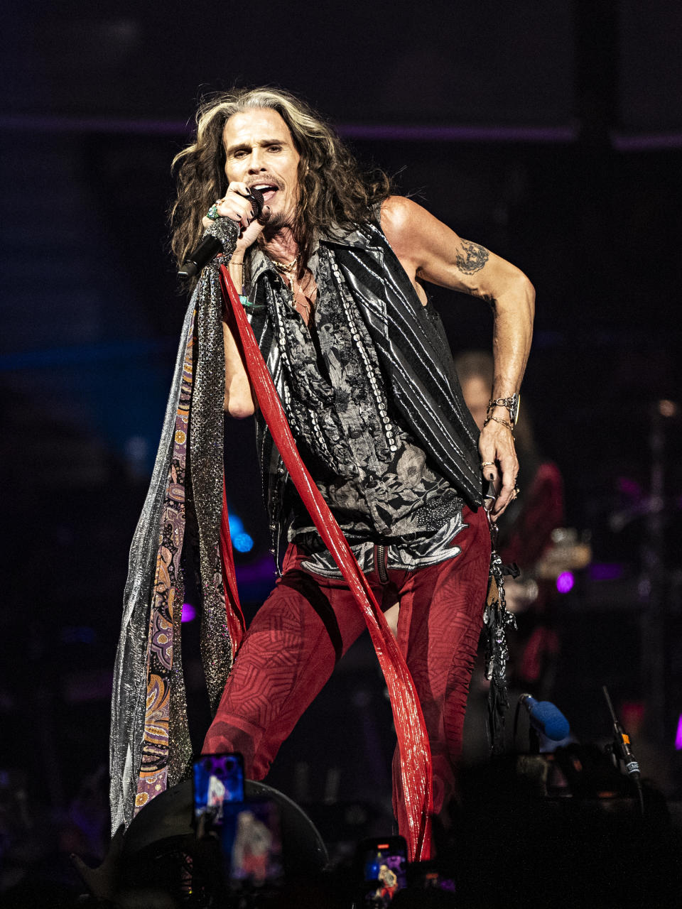 Steven Tyler of Aerosmith performs during night one of their "Peace Out: The Farewell Tour" on Saturday, Sept. 2, 2023, at Wells Fargo Center in Philadelphia. (Photo by Amy Harris/Invision/AP)