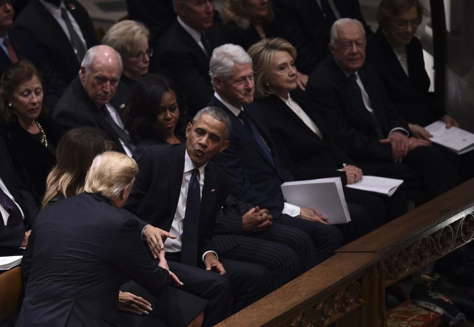 <p>The Trumps and Obamas sit in a pew in the Washington National Cathedral, along with former President Bill Clinton, former Secretary of State Hillary Clinton, former President Jimmy Carter, and former First Lady Rosalynn Carter.</p>