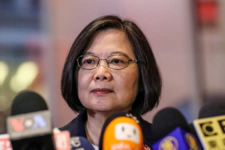 Taiwan President Tsai Ing-wen speaks at Taipei Economic and Cultural Office in New York during her visit to the U.S., in New York City