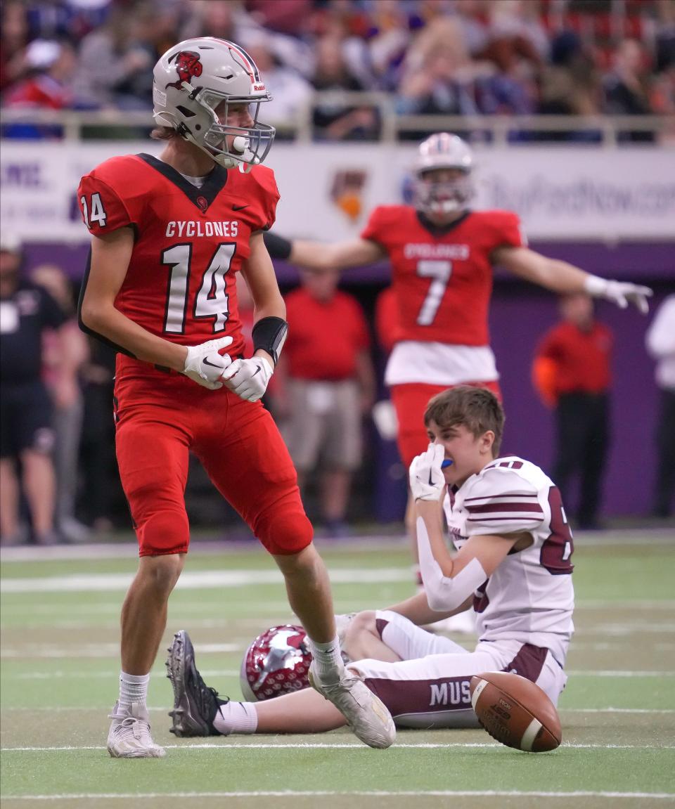 Harlan defender Cade Sears reacts after breaking up a pass play intended for Mount Vernon wide receiver Brady Erickson during the Iowa Class 3A state football championship game on Friday, Nov. 18, 2022, at the UNI-Dome in Cedar Falls.