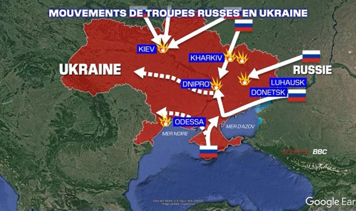 La carte de l'Ukraine et des mouvements des troupes russes ce jeudi. - BFMTV