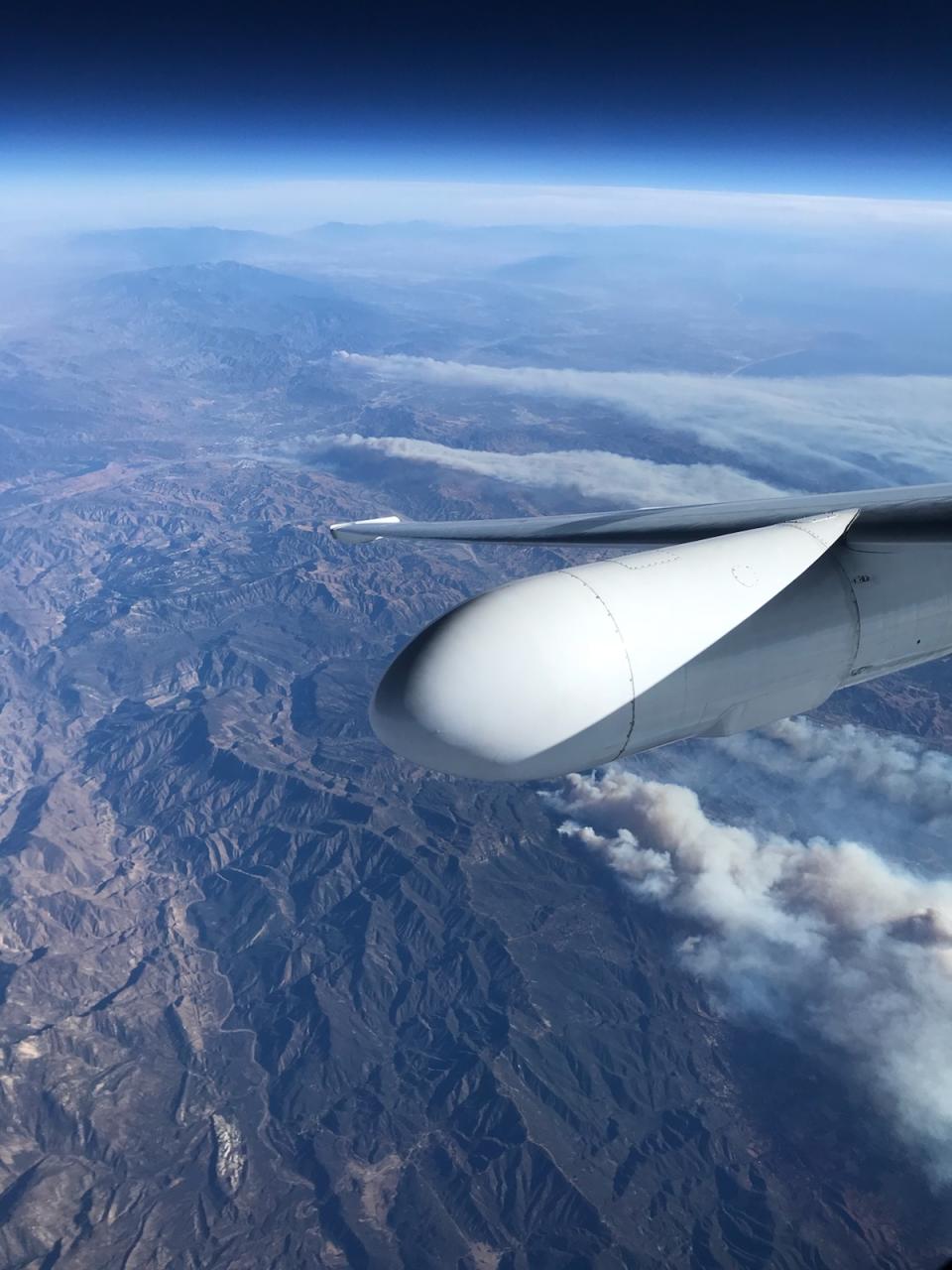 <p>A view from NASA Armstrong Flight Research Centerâs ER-2 aircraft shows smoke plumes, from roughly 65,000 feet, produced by the Thomas Fire in Ventura County, California, around 1 p.m. PST on Dec. 5, 2017. (Photo: NASA/Stu Broce) </p>