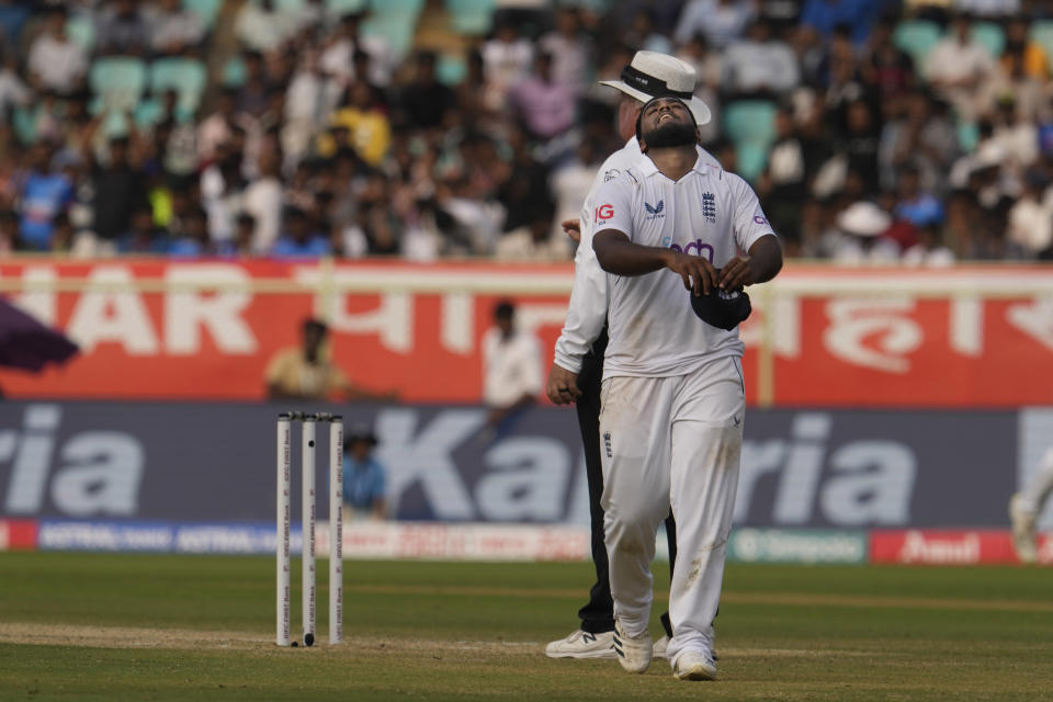 England's Rehan Ahmed celebrates the wicket of India's Ravichandran Ashwin on the third day of the second cricket test match between India and England in Visakhapatnam, India, Sunday, Feb. 4, 2024. (AP Photo/Manish Swarup)