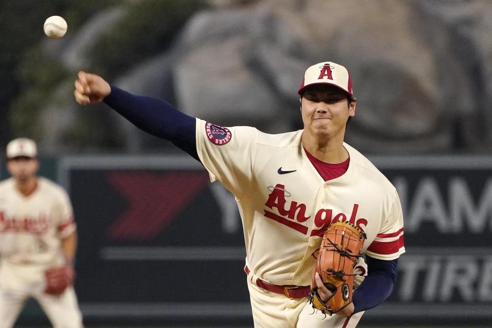 Los Angeles Angels starting pitcher Shohei Ohtani throws to the plate during the first inning of a baseball game against the Oakland Athletics Thursday, Sept. 29, 2022, in Anaheim, Calif. (AP Photo/Mark J. Terrill)