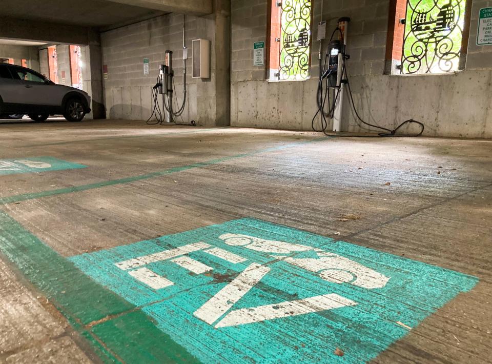 Four electric electric vehicle charging spaces are available in the parking garage adjacent to the Wilmington Amtrak Station, seen Saturday, June 24, 2023.