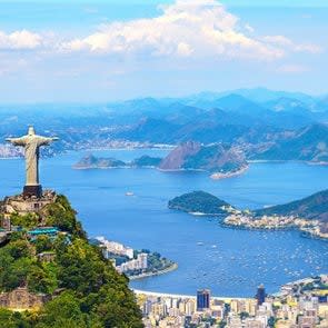 Aerial view of Rio de Janeiro with Christ Redeemer and Corcovado Mountain. Brazil. Latin America, horizontal