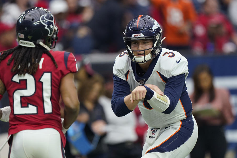 FILE - In this Dec. 8, 2019 file photo Denver Broncos quarterback Drew Lock (3) during the first half of an NFL football game against the Houston Texans in Houston. After each of his three touchdown throws in Denver's 38-24 win at Houston, Lock impersonated Buzz Lightyear firing his laser beam. (AP Photo/David J. Phillip)