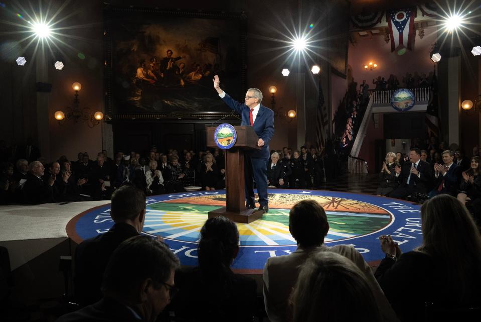 Ohio Governor Mike DeWine gives his Inaugural address during a ceremony at the Ohio Statehouse Monday.