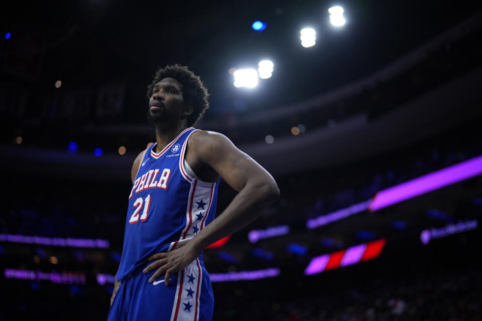 Joel Embiid of the Philadelphia 76ers takes a break during Game 3 of a first-round NBA basketball playoff series, Thursday, April 25, 2024, in Philadelphia.  (AP Photo/Matt Slocum)