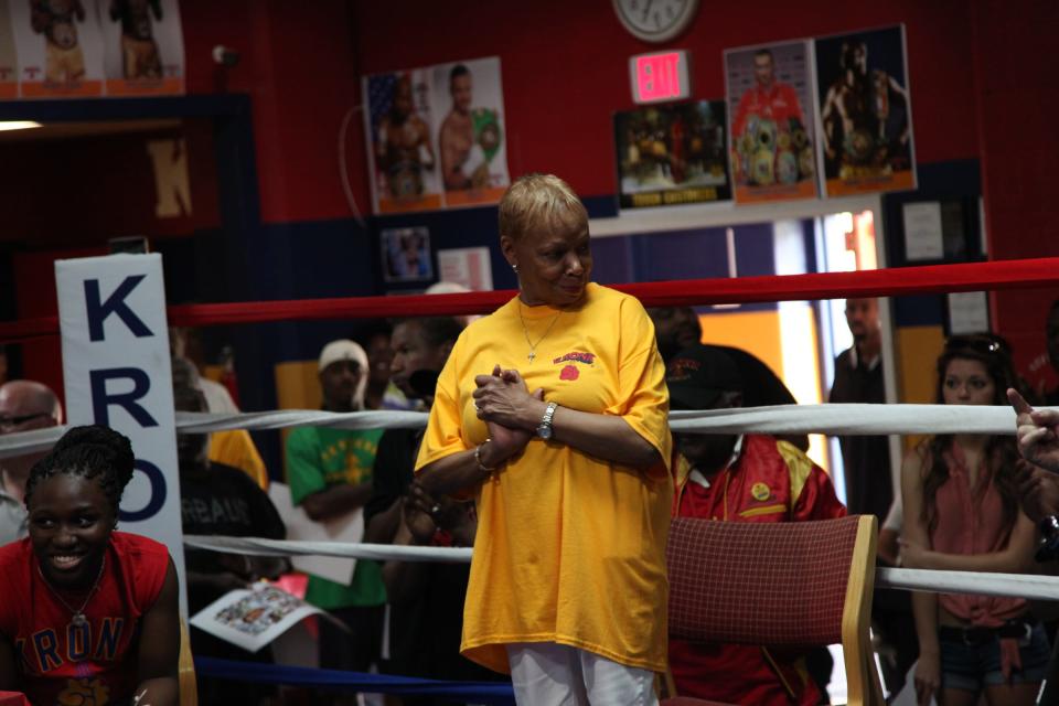 Marie Steward, wife of the late legendary boxing trainer Emanuel Steward looking happy at the grand opening of the Kronk Gym at their new home in the lower level of the Body of Christ International Church in Detroit on Monday.
