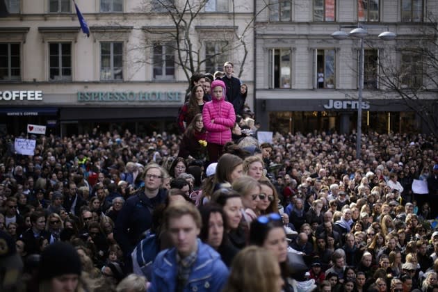 Thousands of people participate in a “Lovefest” vigil mourning the victims of Friday’s terror attack in Stockholm, Sweden, on April 9, 2017. <a href="https://www.theatlantic.com/photo/2017/04/mourning-the-victims-of-the-stockholm-attack/522531/" rel="nofollow noopener" target="_blank" data-ylk="slk:More photos here;elm:context_link;itc:0;sec:content-canvas" class="link ">More photos here</a>. (Markus Shreiber / AP)