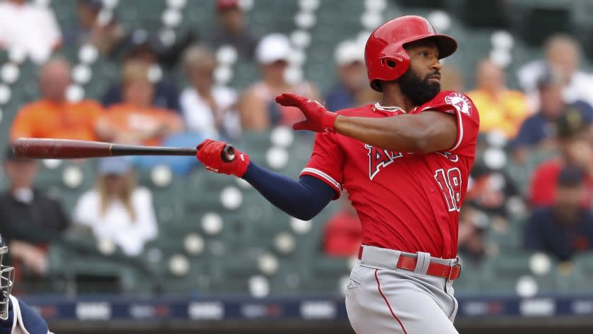 Los Angeles Angels' Brian Goodwin bats against the Detroit Tigers in the eighth inning of a baseball game in Detroit, Thursday, May 9, 2019. (AP Photo/Paul Sancya)