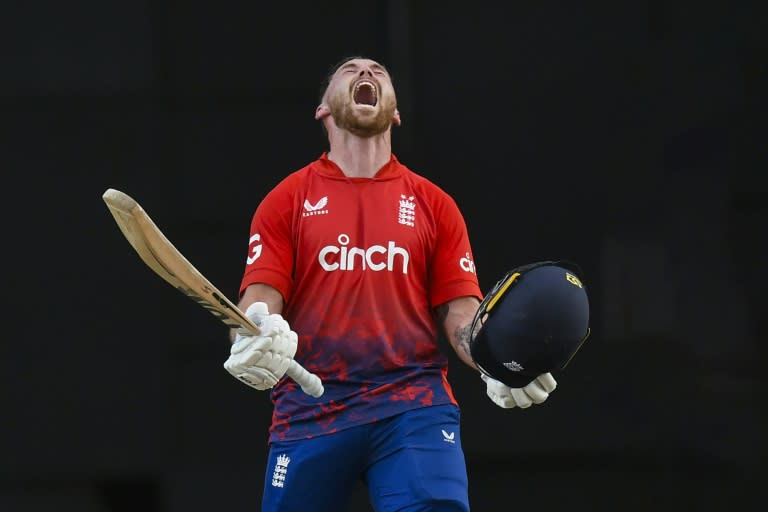 Phil Salt of England celebrates his century during the 4th T20I between the West Indies and England at Brian Lara Cricket Academy Stadium in Tarouba, Trinidad and Tobago on Tuesday. (Randy Brooks)