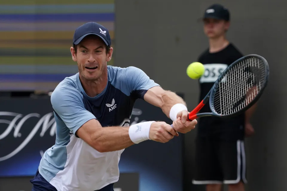 STUTTGART, GERMANY - JUNE 12: Andy Murray of Great Britain plays a backhand during Men`s Singles final between Andy Murray of Great Britain and Matteo Berrettini of Italy during day seven of the BOSS OPEN at Tennisclub Weissenhof on June 12, 2022 in Stuttgart, Germany. (Photo by Christian Kaspar-Bartke/Getty Images)