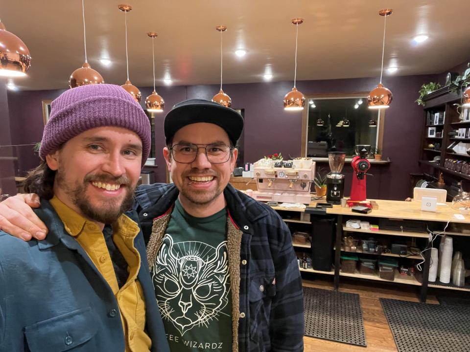 Chris Christen (left) and Sam Brown (right), the owners of Coffee Wizardz which opened in Allouez in December.