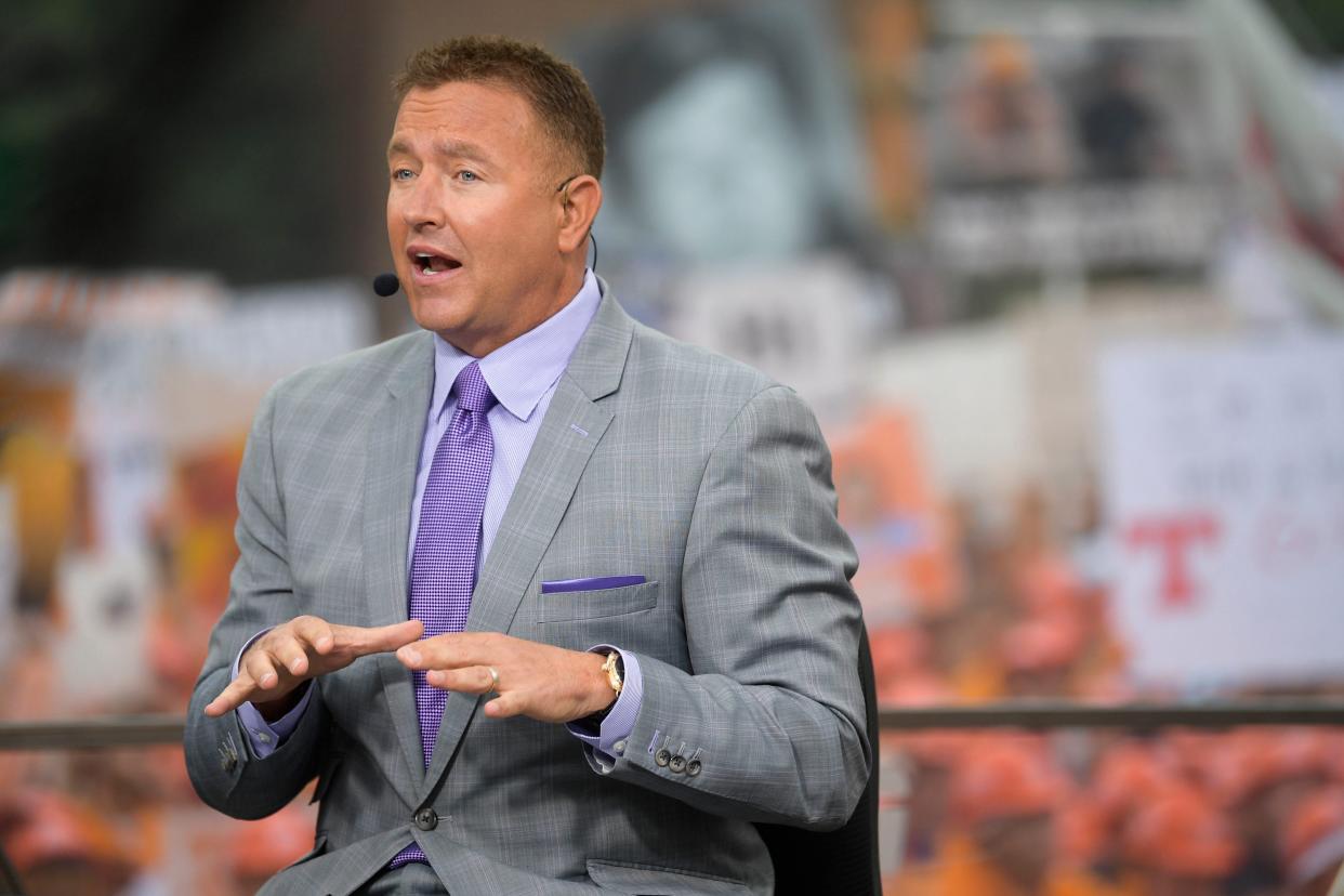 Kirk Herbstreit at the ESPN College GameDay stage outside of Ayres Hall on the University of Tennessee campus in Knoxville, Tenn. on Saturday, Sept. 24, 2022. The flagship ESPN college football pregame show returned for the tenth time to Knoxville as the No. 12 Vols hosted the No. 22 Gators.

Kns Espn College Gameday