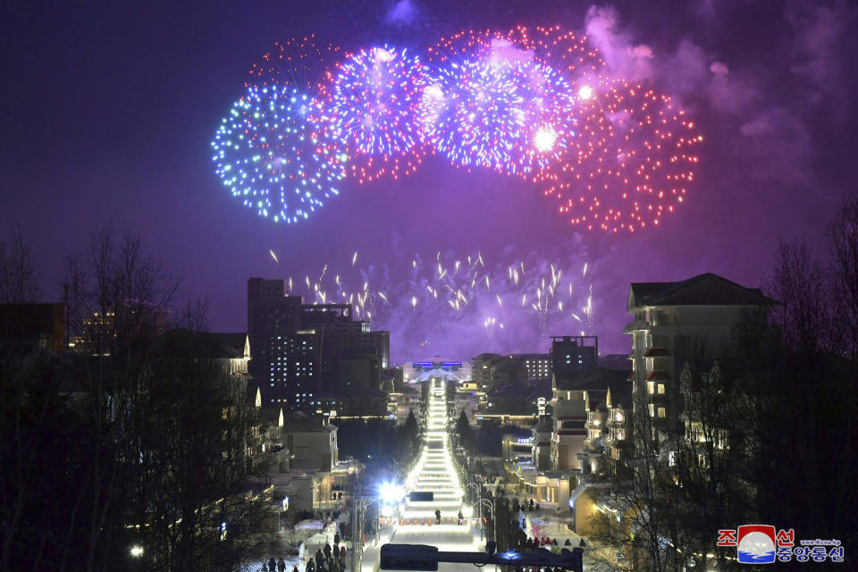 FILE - In this photo provided by the North Korean government, fireworks are shot off over Samjiyon, North Korea, Tuesday, Feb. 15, 2022, to celebrate the 80th birth anniversary of North Korea's late leader Kim Jong Il's birthday. Independent journalists were not given access to cover the event depicted in this image distributed by the North Korean government. The content of this image is as provided and cannot be independently verified. Korean language watermark on image as provided by source reads: "KCNA" which is the abbreviation for Korean Central News Agency. (Korean Central News Agency/Korea News Service via AP, File)