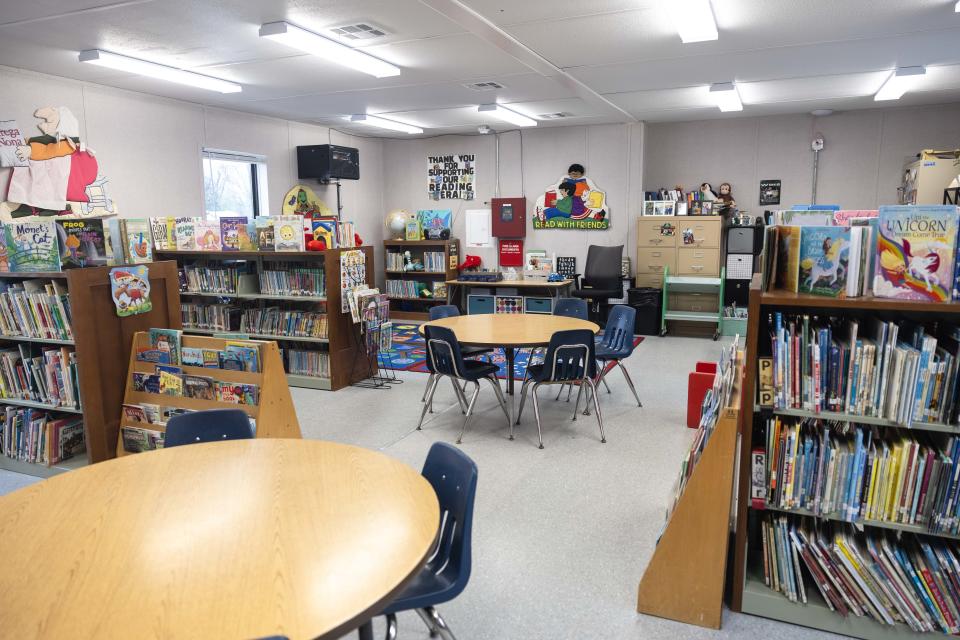 The school library inside a trailer that sits behind Miller Elementary School in Aurora. The original library in the building was twice as large and had to be repurposed for classroom space.