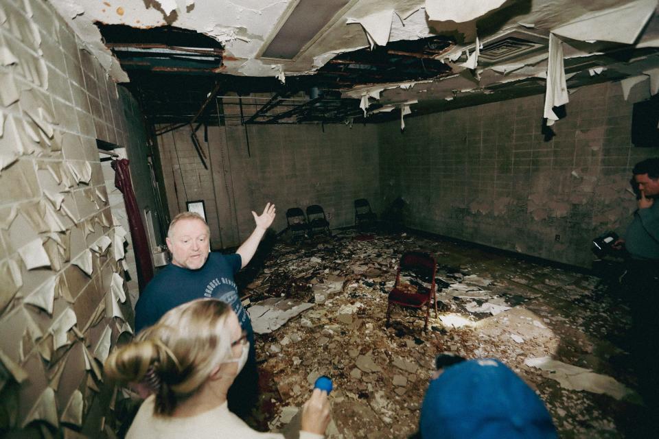 Senior Architect Charles “Chooch” Pickard talks about a locker room inside the Mid-South Coliseum during a tour by the Coliseum Coalition, a local group that wants to save and redevelop the Memphis arena, on Friday, March 22, 2024.