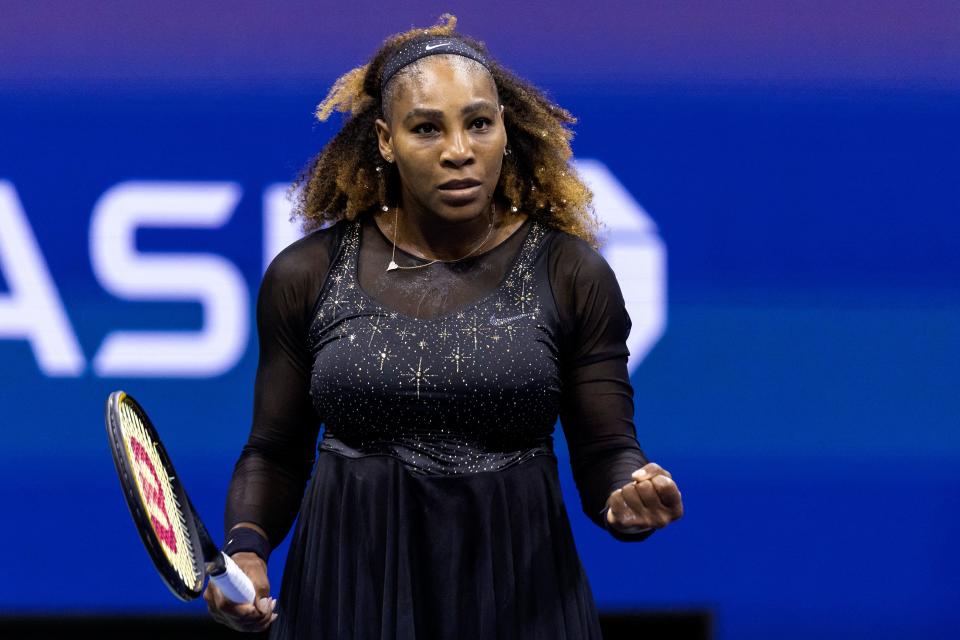 Serena Williams (pictured) fist-pumps after winning a point against Anett Kontaveit.