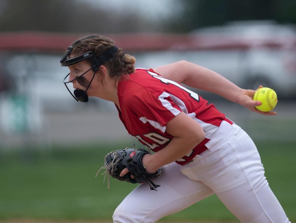 Field Falcons hosted the Hudson Explorers for a doubleheader on Saturday, April 30 in Brimfield. Maddie Burge winds up a pitch.