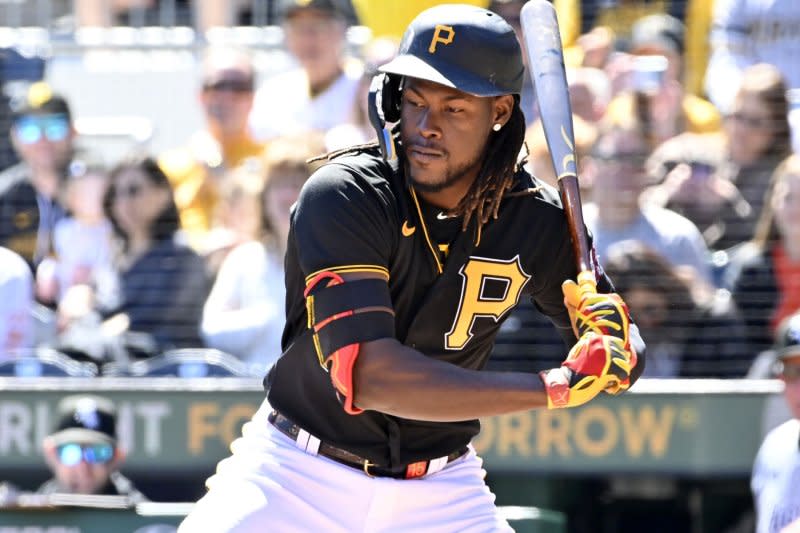 Pittsburgh Pirates shortstop Oneil Cruz hit his first home run of the season Thursday against the Miami Marlins. File Photo by Archie Carpenter/UPI