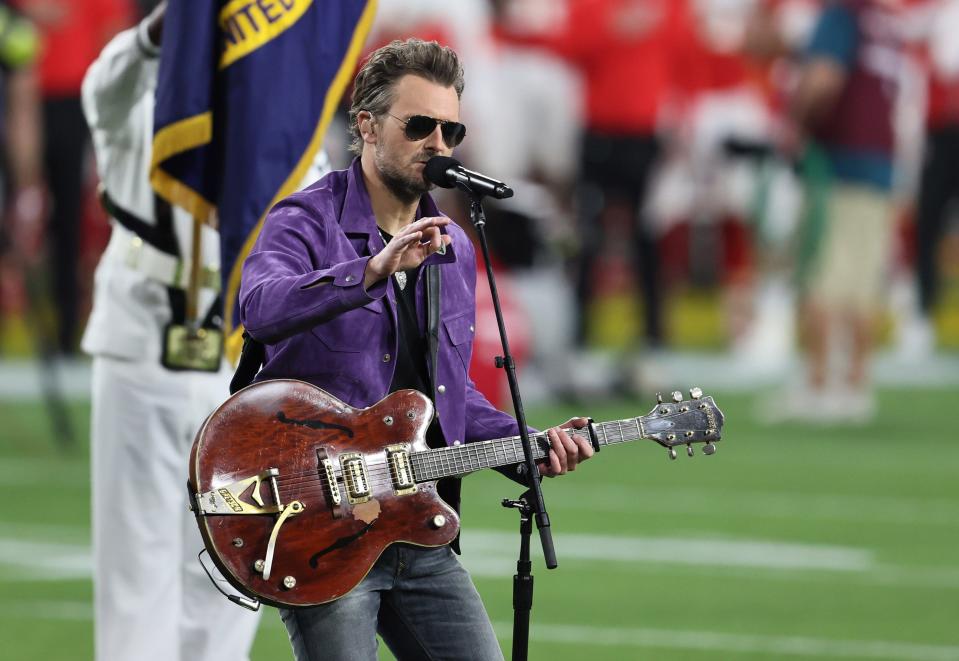 Eric Church performed the national anthem before Super Bowl 55 between the Tampa Bay Buccaneers and the Kansas City Chiefs at Raymond James Stadium in 2021.