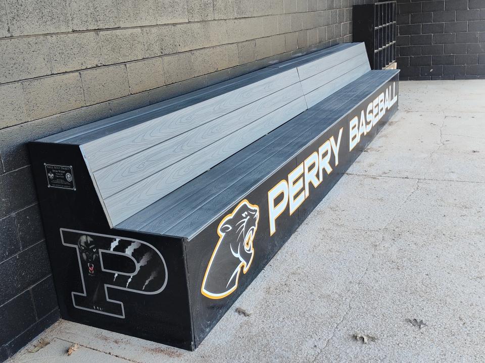 A view of the dugout benches that Perry baseball player Bryan Witmer helped build for his Eagle Scout project