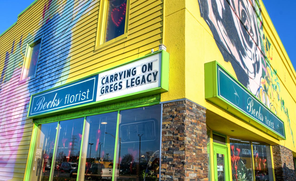 The marquee at Becks Florist, 105 E. Washington St. in East Peoria, commemorates the passing of longtime owner Greg Becks. The fourth-generation florist died Jan. 21, leaving the shop to his business and life partner, Mary Reynolds.