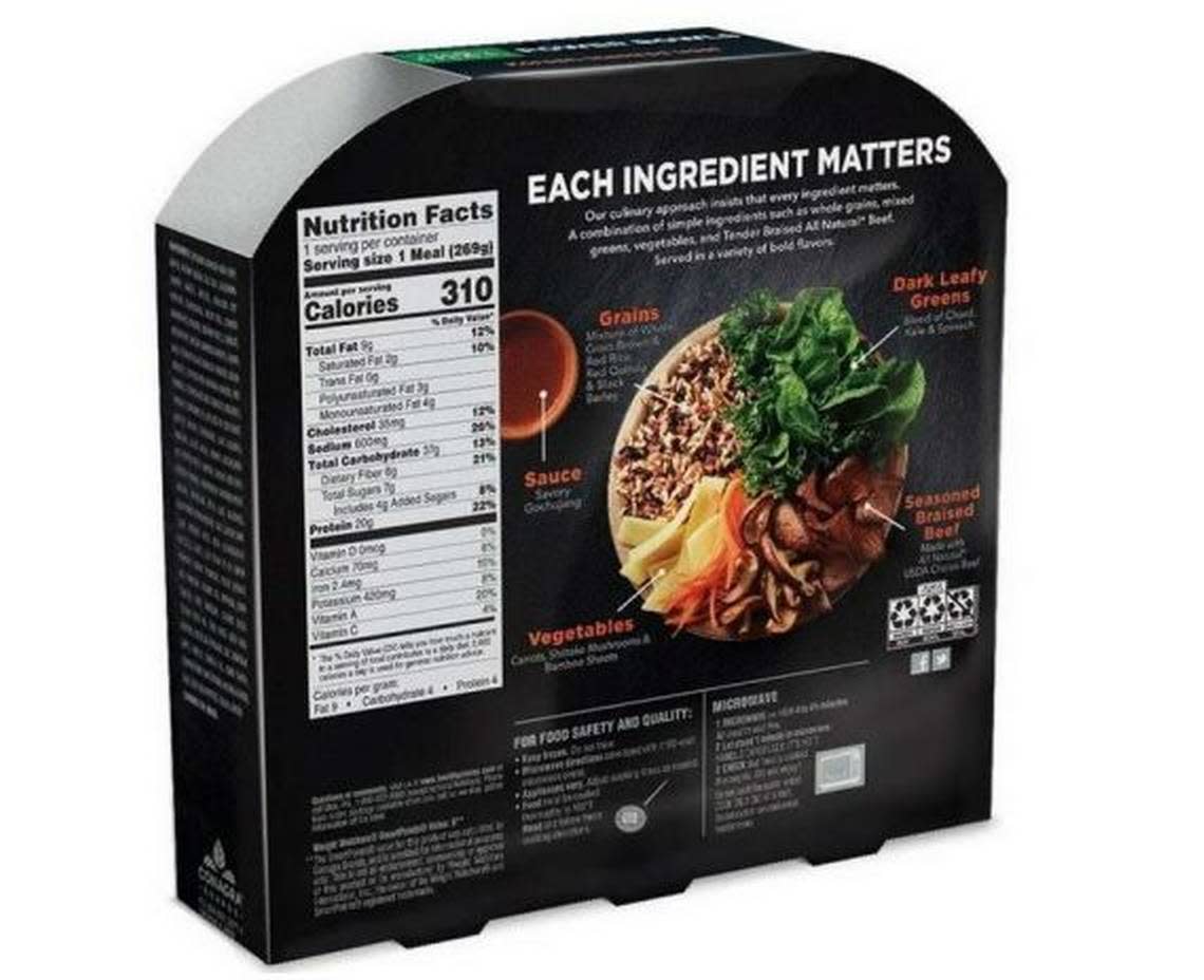 The back and the side of the recalled Healthy Choice Power Bowls.