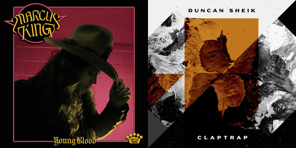 En esta combinación de fotografías, la portada del álbum "Young Blood" de Marcus King, izquierda, y del álbum "Claptrap" de Duncan Sheik. (American Records/Republic via AP, left, and AntiFragile Music via AP)