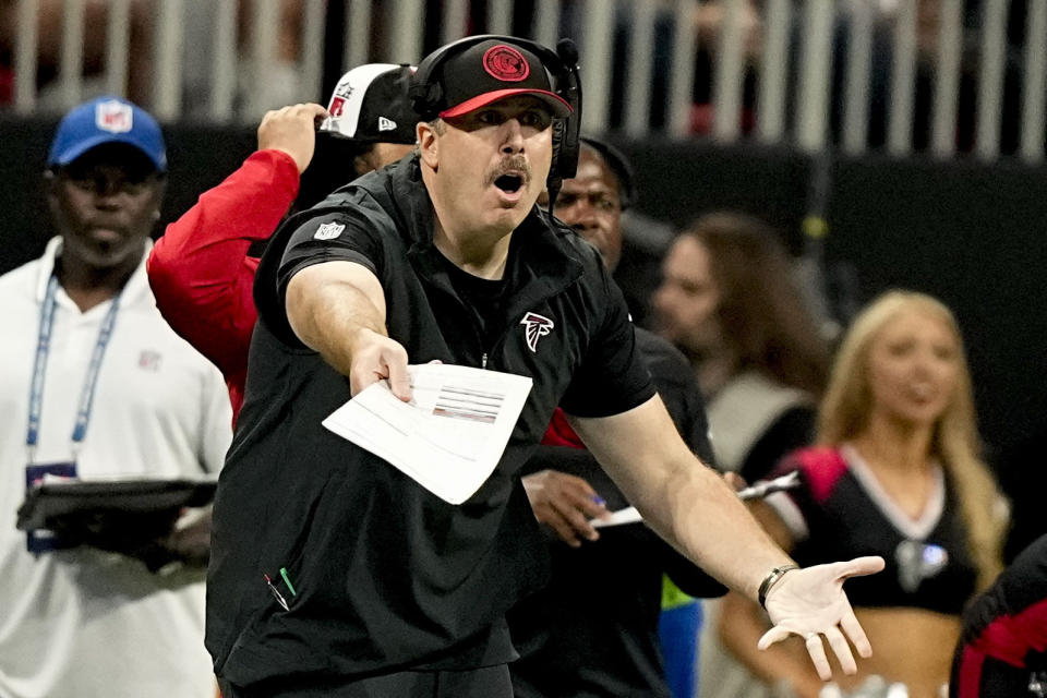 Atlanta Falcons head coach Arthur Smith reacts to play against the Carolina Panthers during the second half of an NFL football game, Sunday, Sept. 10, 2023, in Atlanta. (AP Photo/Brynn Anderson)