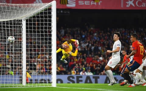 Jordan Pickford of England fails to stop Paco Alcacer of Spain pulling one back&nbsp; - Credit: Getty