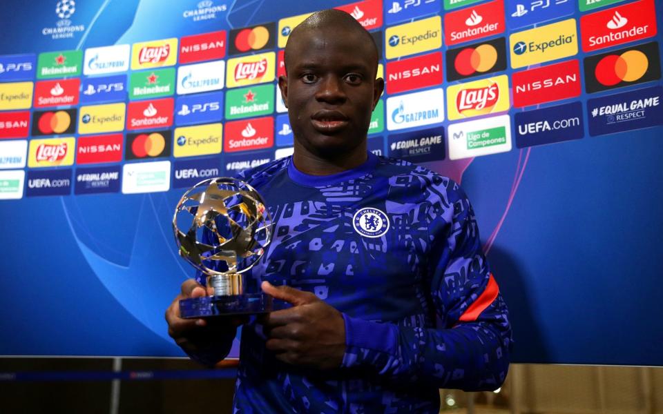 Ngolo Kante of Chelsea poses for a photo with the UEFA Player of the match award after the UEFA Champions League Semi Final First  - Getty Images