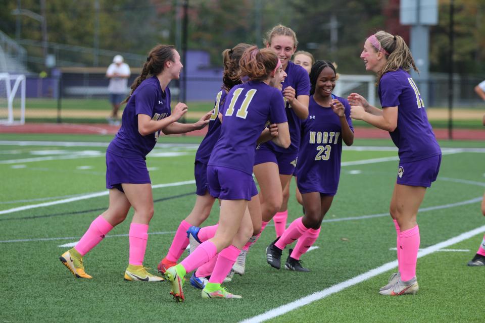 Clarkstown North celebrates after Laura Bialek's goal, the decisive score of the Rams' 1-0 win over rival Clarkstown South on Oct. 16, 2021.